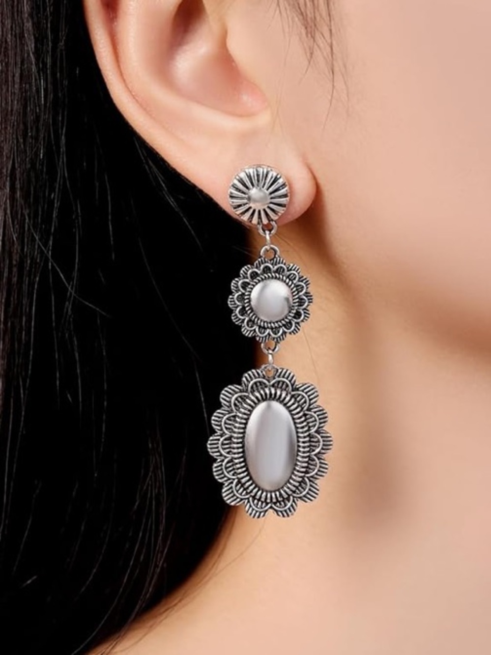 Anthropologie Silver Tiered Floral Medallion Drop Earrings - Picture 4 of 5